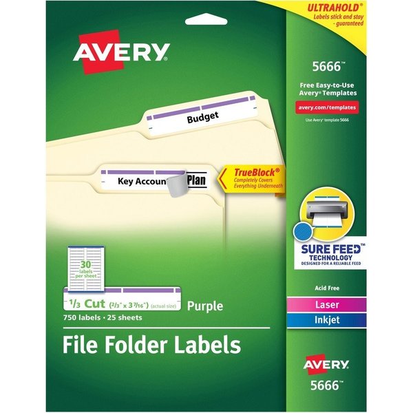 Avery File Folder Labels, TrueBlock, 1/3 Cut, 750/PK, Purple PK AVE5666